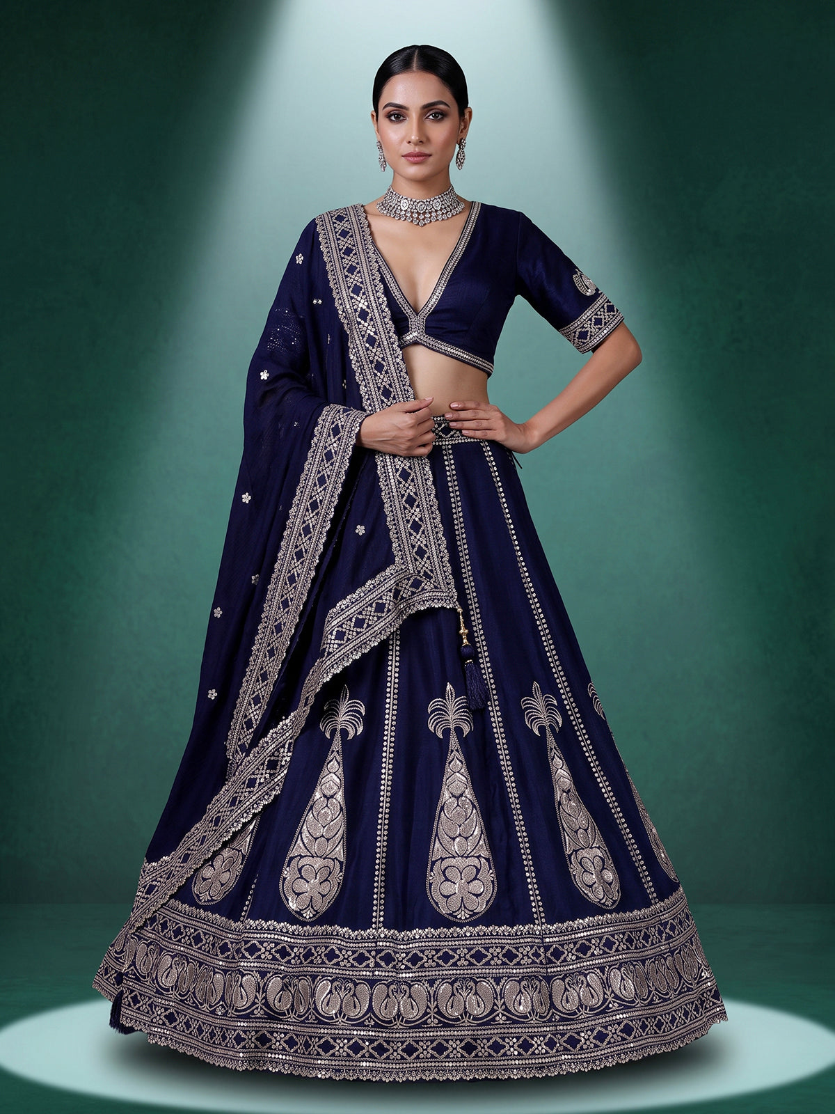 Navy blue cotton silk embroidered lehenga choli with dupatta
