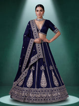 Navy blue cotton silk embroidered lehenga choli with dupatta