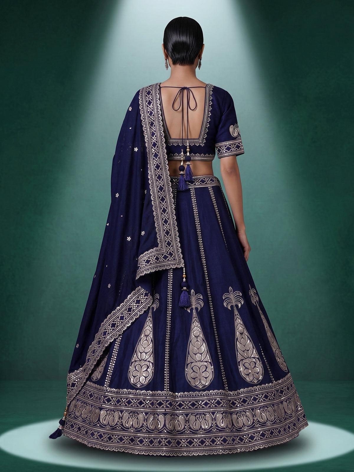Navy blue cotton silk embroidered lehenga choli with dupatta