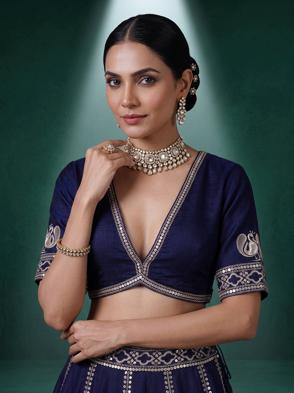 Navy blue cotton silk embroidered lehenga choli with dupatta