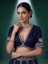 Navy blue cotton silk embroidered lehenga choli with dupatta