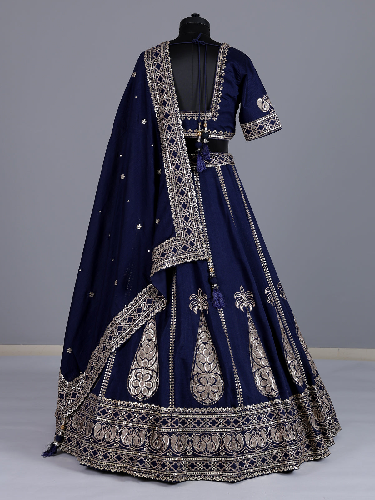 Navy blue cotton silk embroidered lehenga choli with dupatta