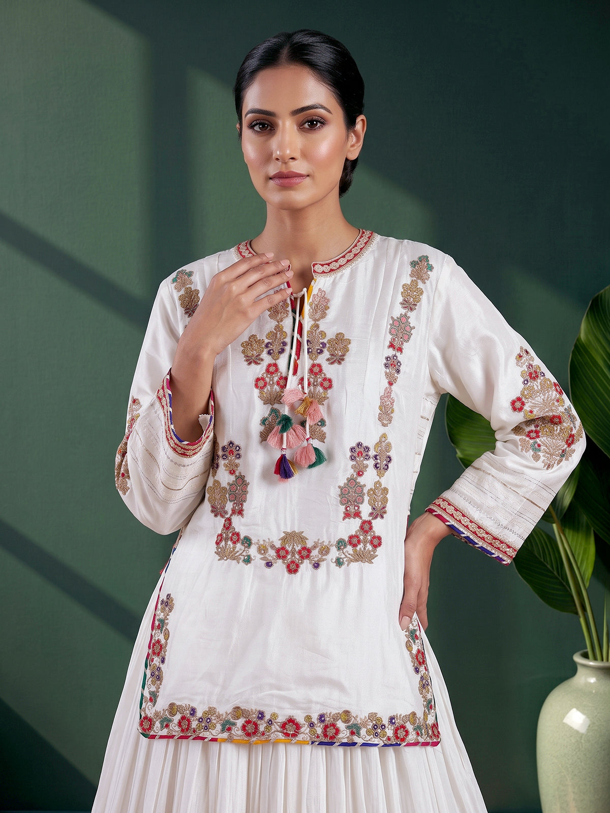 White embroidered crepe silk lehenga choli with dupatta