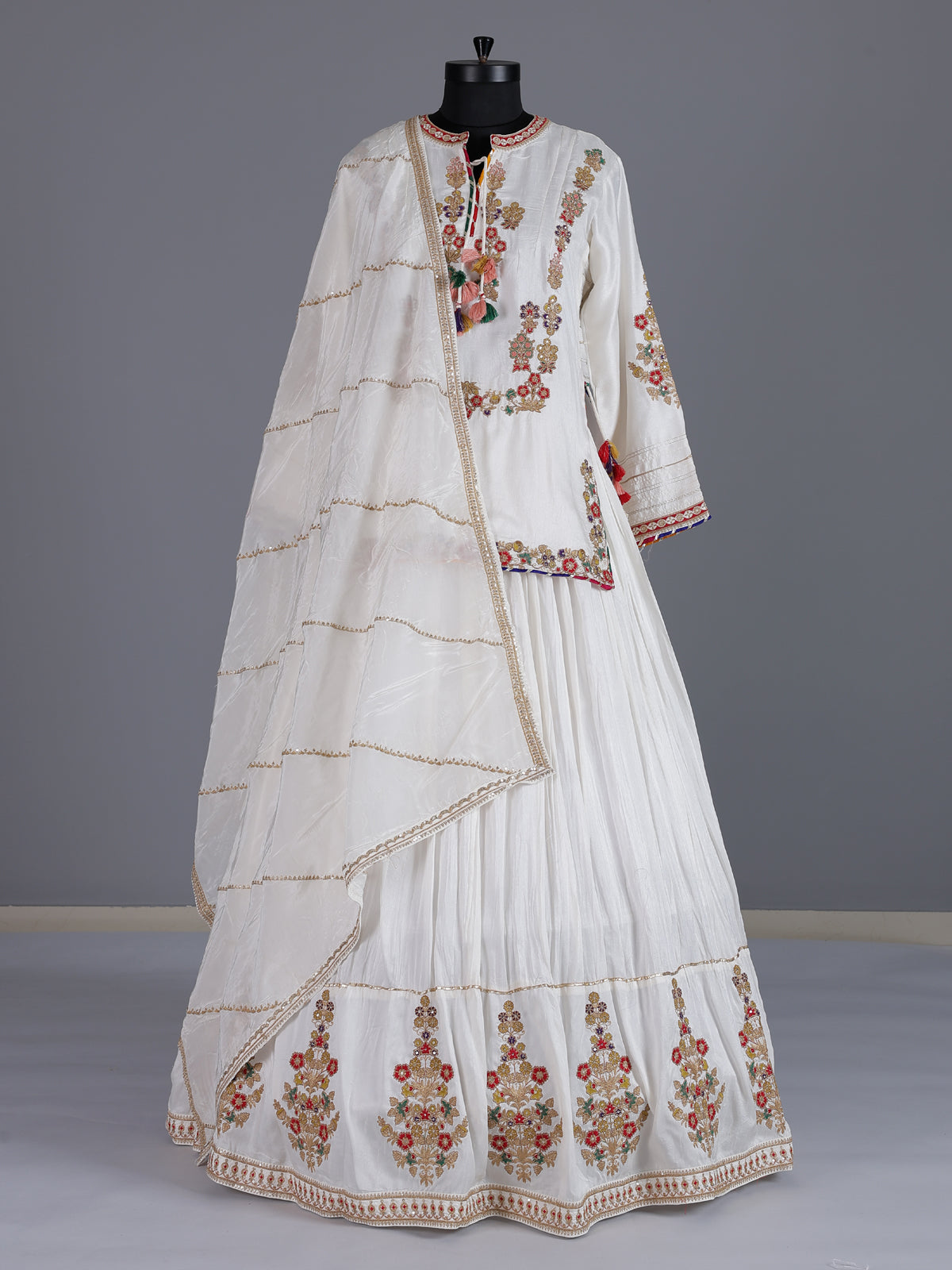 White embroidered crepe silk lehenga choli with dupatta