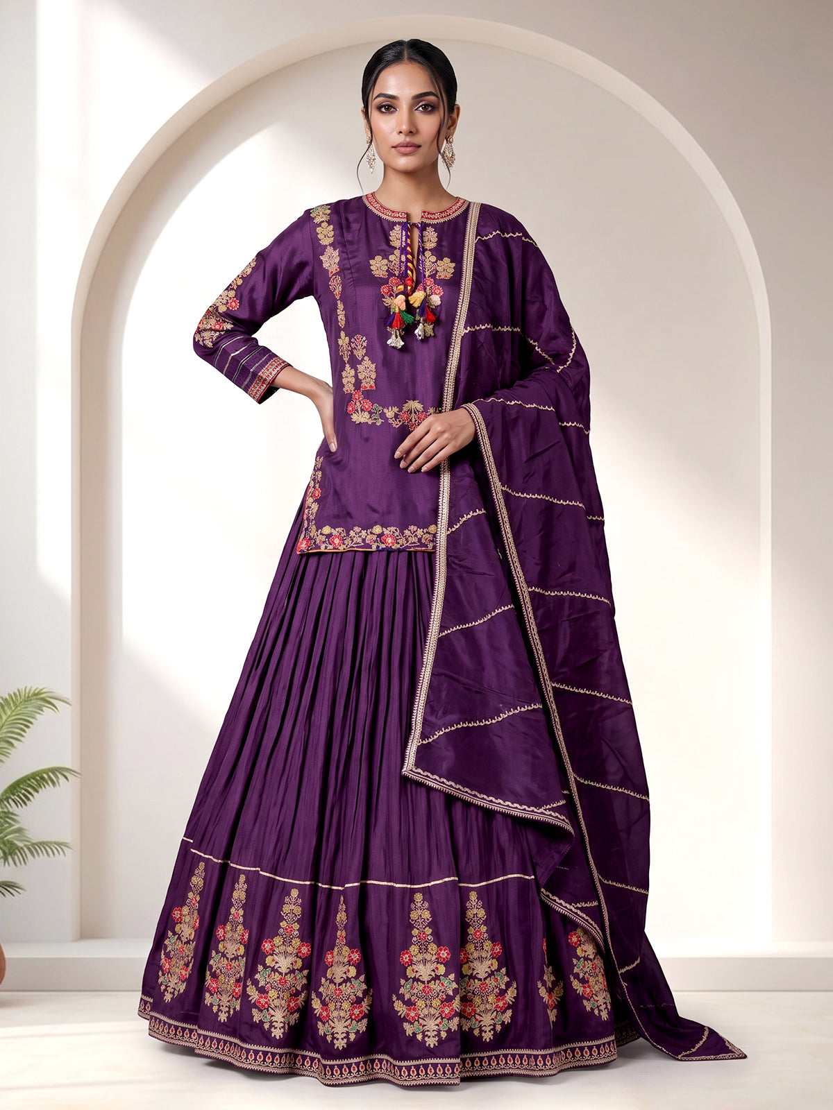 Violet rajasthani crepe silk embroidered lehenga choli