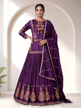 Violet rajasthani crepe silk embroidered lehenga choli