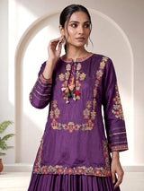 Violet rajasthani crepe silk embroidered lehenga choli