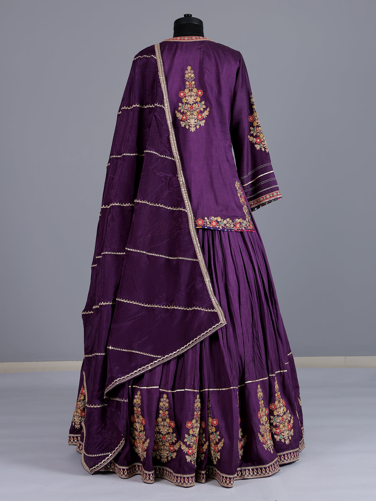 Violet rajasthani crepe silk embroidered lehenga choli