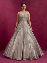 Grey shimmer tissue silk couture lehenga choli with dupatta