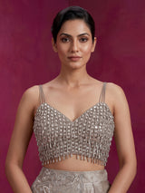 Grey shimmer tissue silk couture lehenga choli with dupatta
