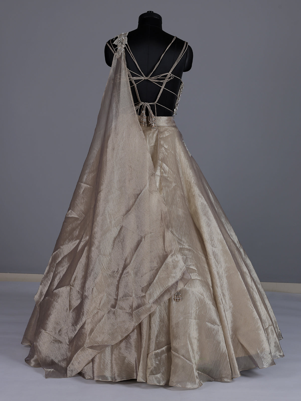 Grey shimmer tissue silk couture lehenga choli with dupatta