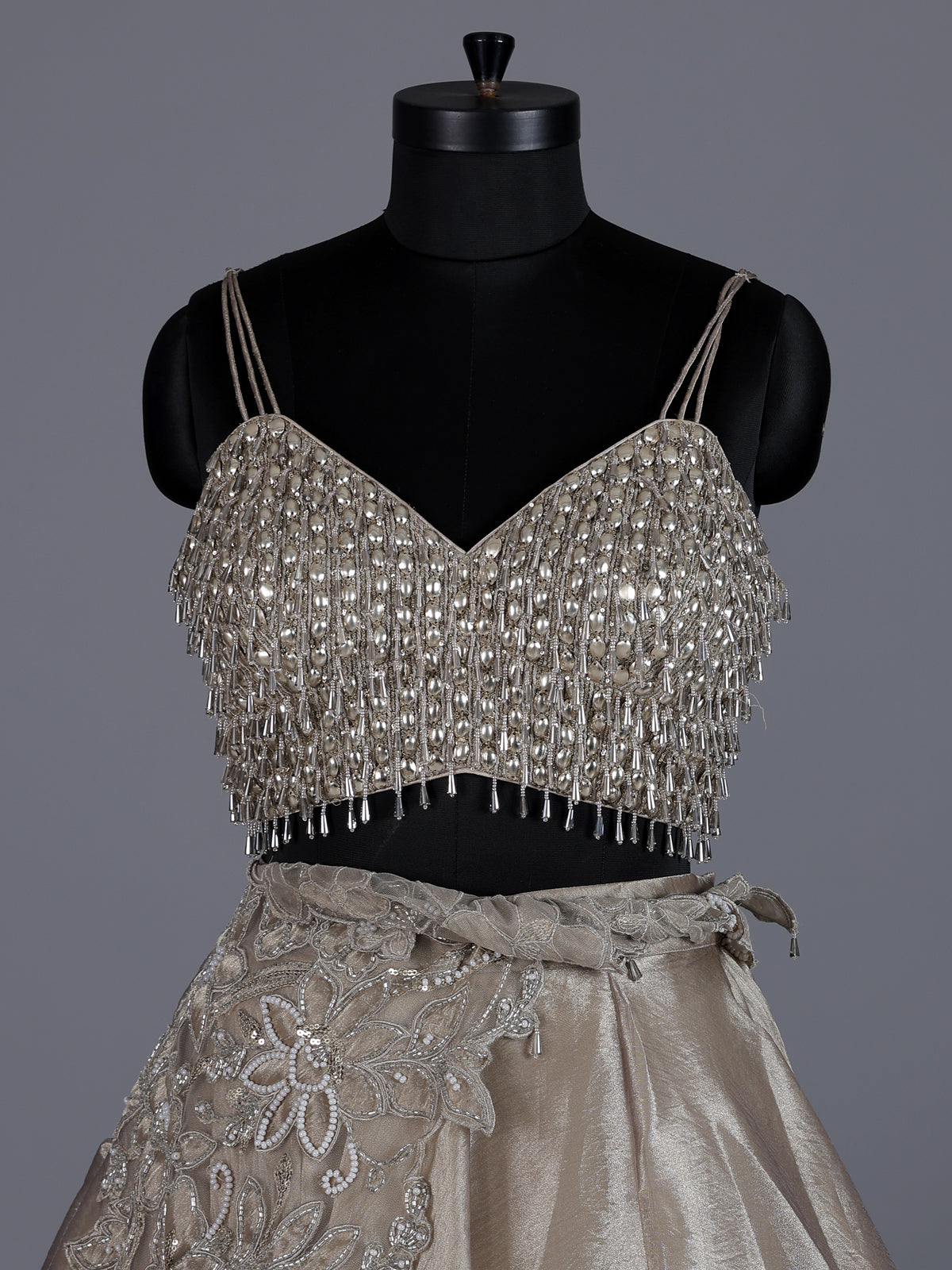 Grey shimmer tissue silk couture lehenga choli with dupatta