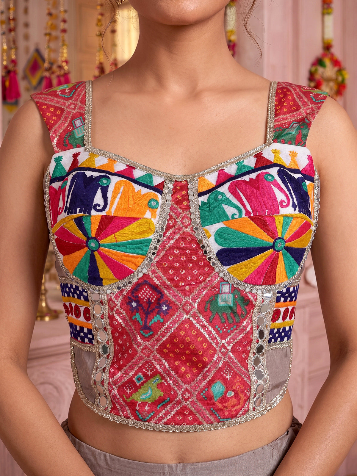 Beige satin silk embroidered navratri chaniya choli