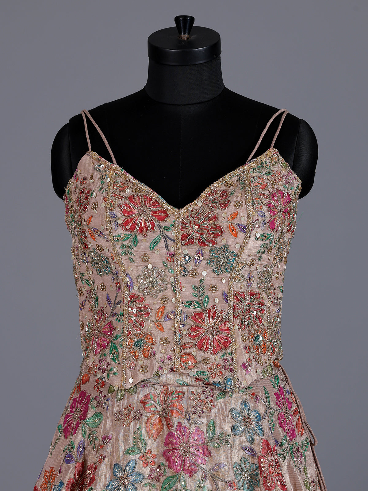 Beige printed crepe silk lehenga choli with dupatta