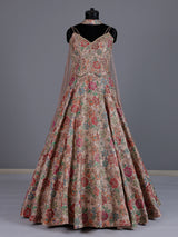Beige printed crepe silk lehenga choli with dupatta