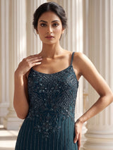 Teal blue georgette silk palazzo suit with choker dupatta