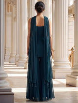Teal blue georgette silk palazzo suit with choker dupatta