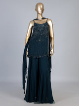 Teal blue georgette silk palazzo suit with choker dupatta