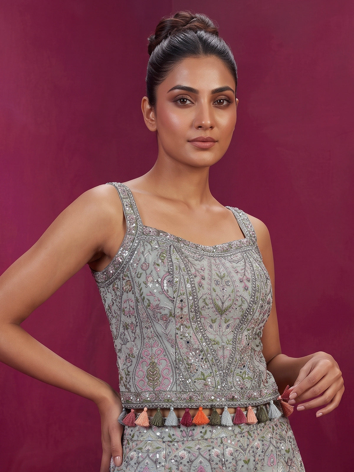 Pista green chiffon silk palazzo suit with choker dupatta