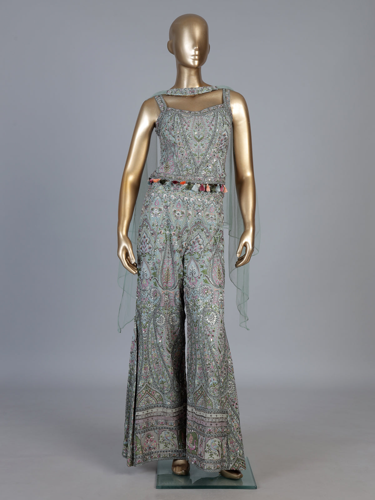 Pista green chiffon silk palazzo suit with choker dupatta