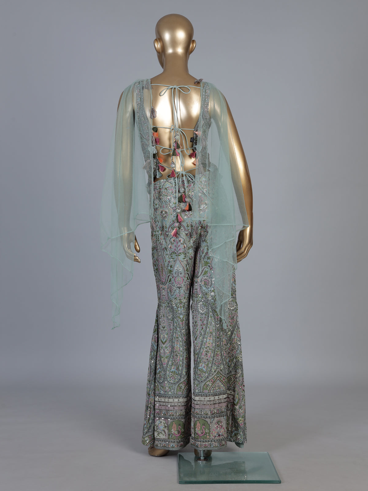 Pista green chiffon silk palazzo suit with choker dupatta