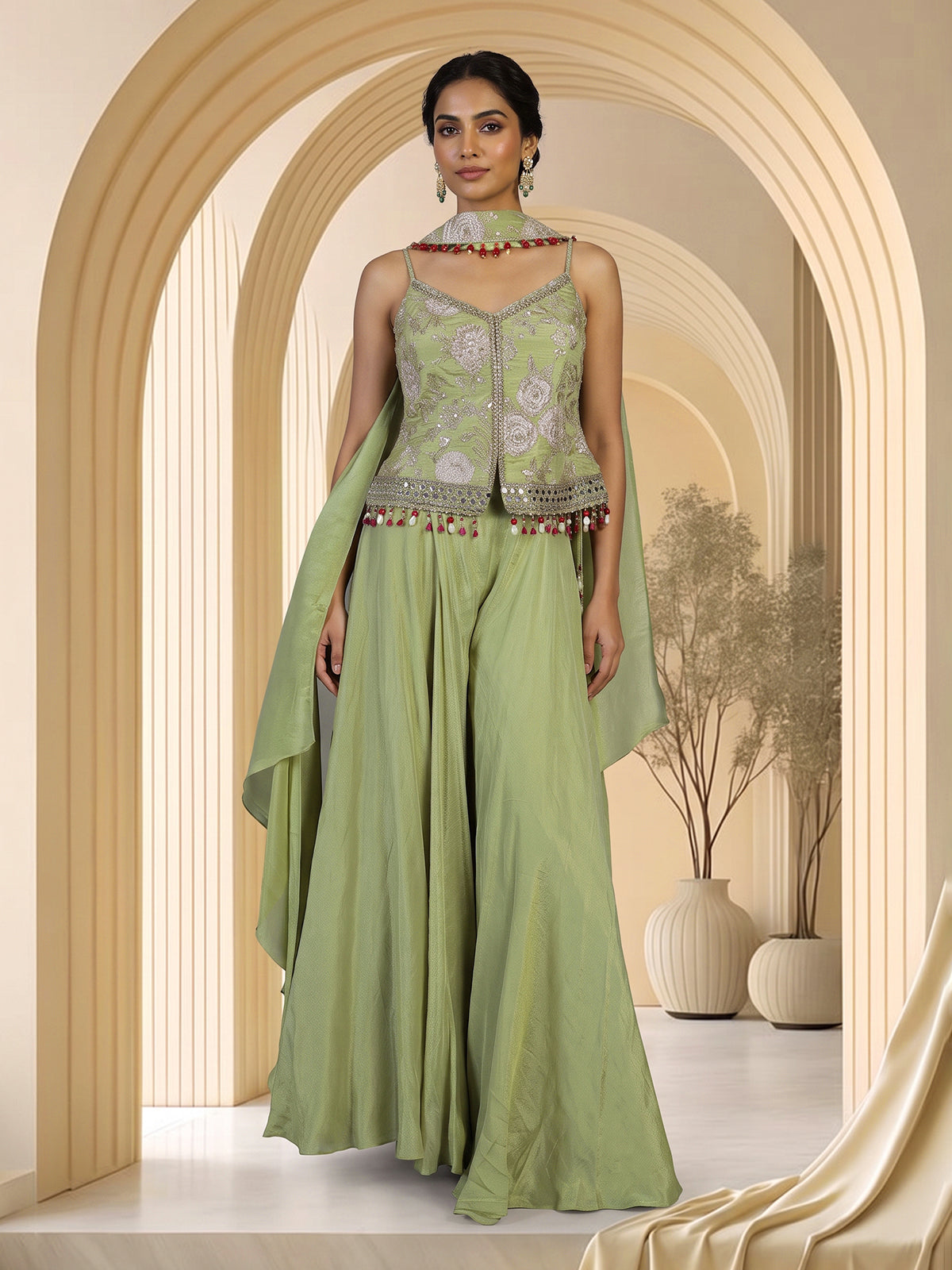 Olive silk Indo-Western palazzo suit with choker dupatta