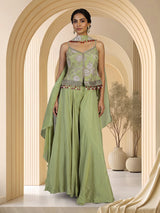 Olive silk Indo-Western palazzo suit with choker dupatta