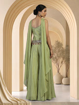 Olive silk Indo-Western palazzo suit with choker dupatta