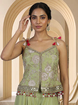 Olive silk Indo-Western palazzo suit with choker dupatta