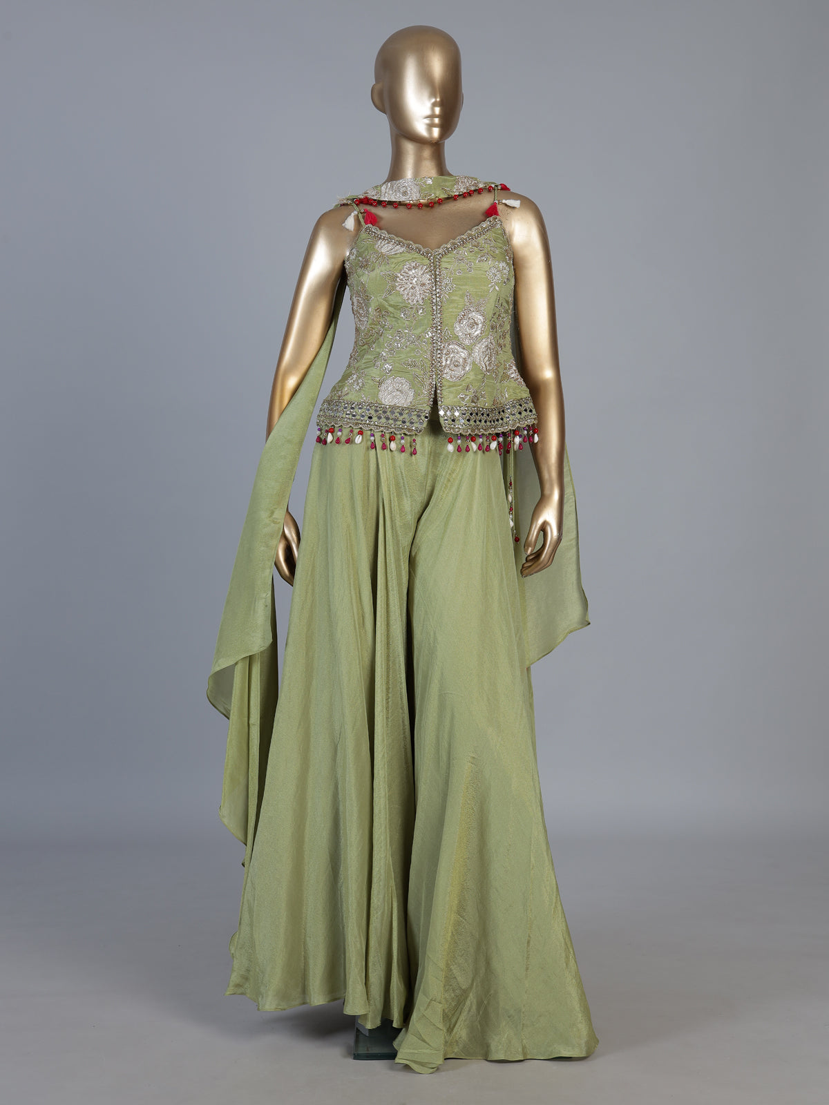 Olive silk Indo-Western palazzo suit with choker dupatta