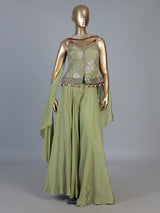 Olive silk Indo-Western palazzo suit with choker dupatta