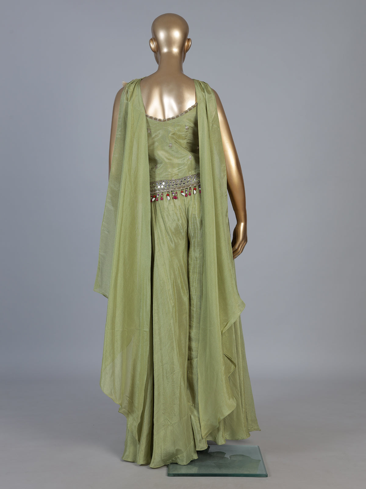 Olive silk Indo-Western palazzo suit with choker dupatta