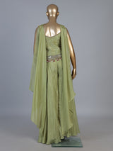 Olive silk Indo-Western palazzo suit with choker dupatta
