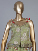 Olive silk Indo-Western palazzo suit with choker dupatta