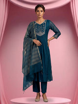 Navy blue cotton silk festive pant suit with elegant embroidery