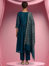 Navy blue cotton silk festive pant suit with elegant embroidery