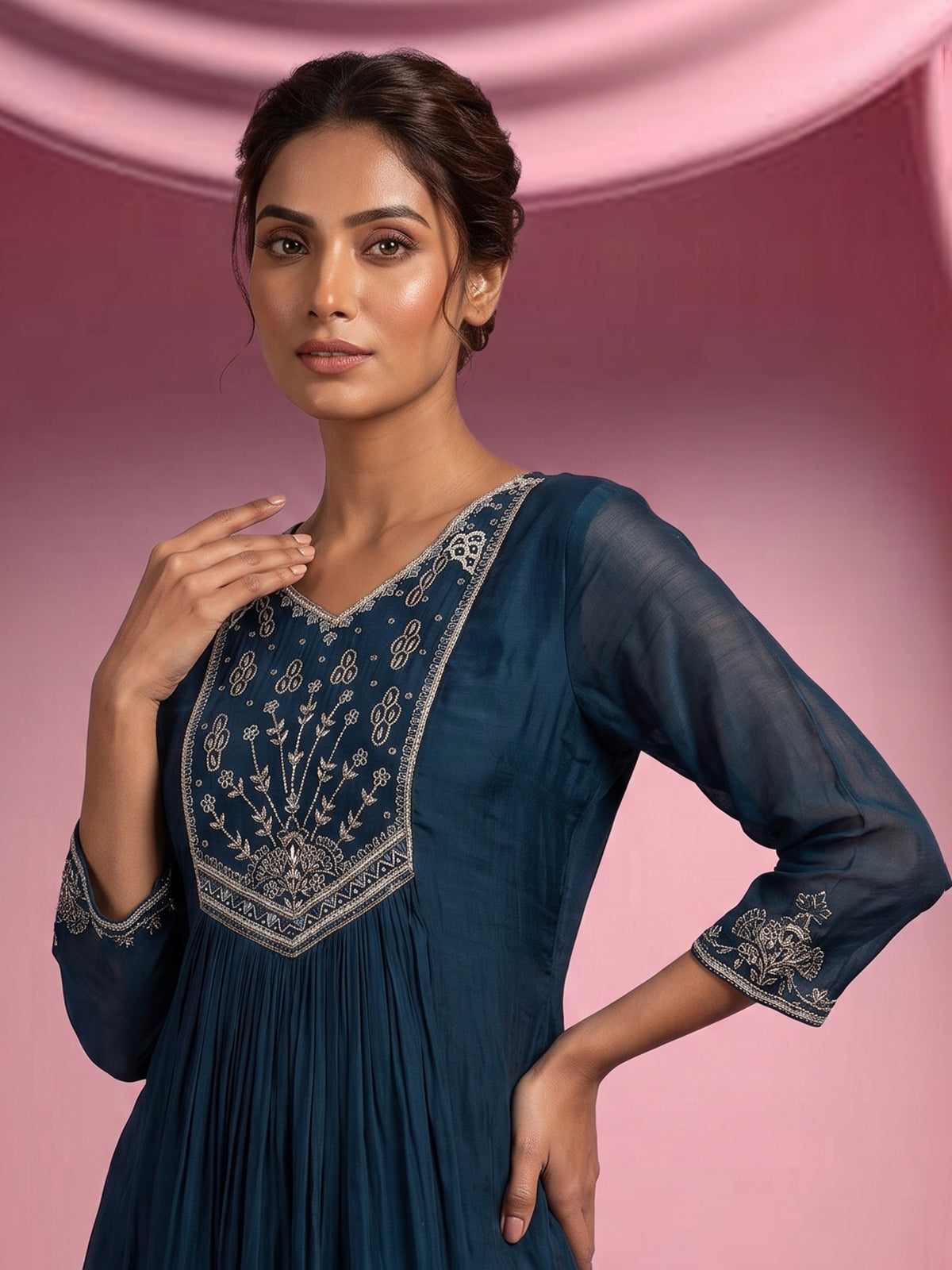 Navy blue cotton silk festive pant suit with elegant embroidery