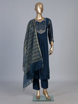 Navy blue cotton silk festive pant suit with elegant embroidery