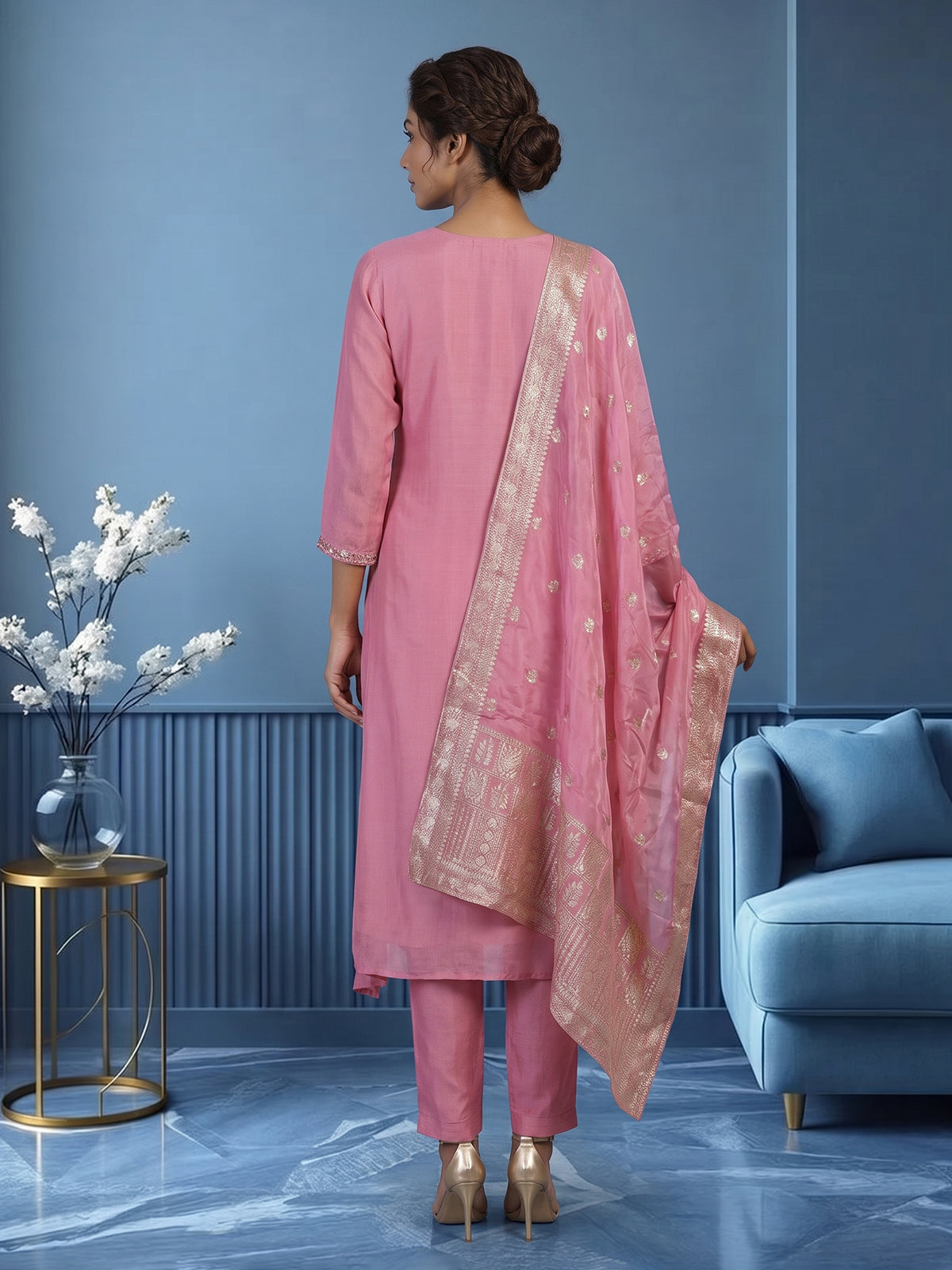 Pink organza silk embroidered pant suit with festive dupatta