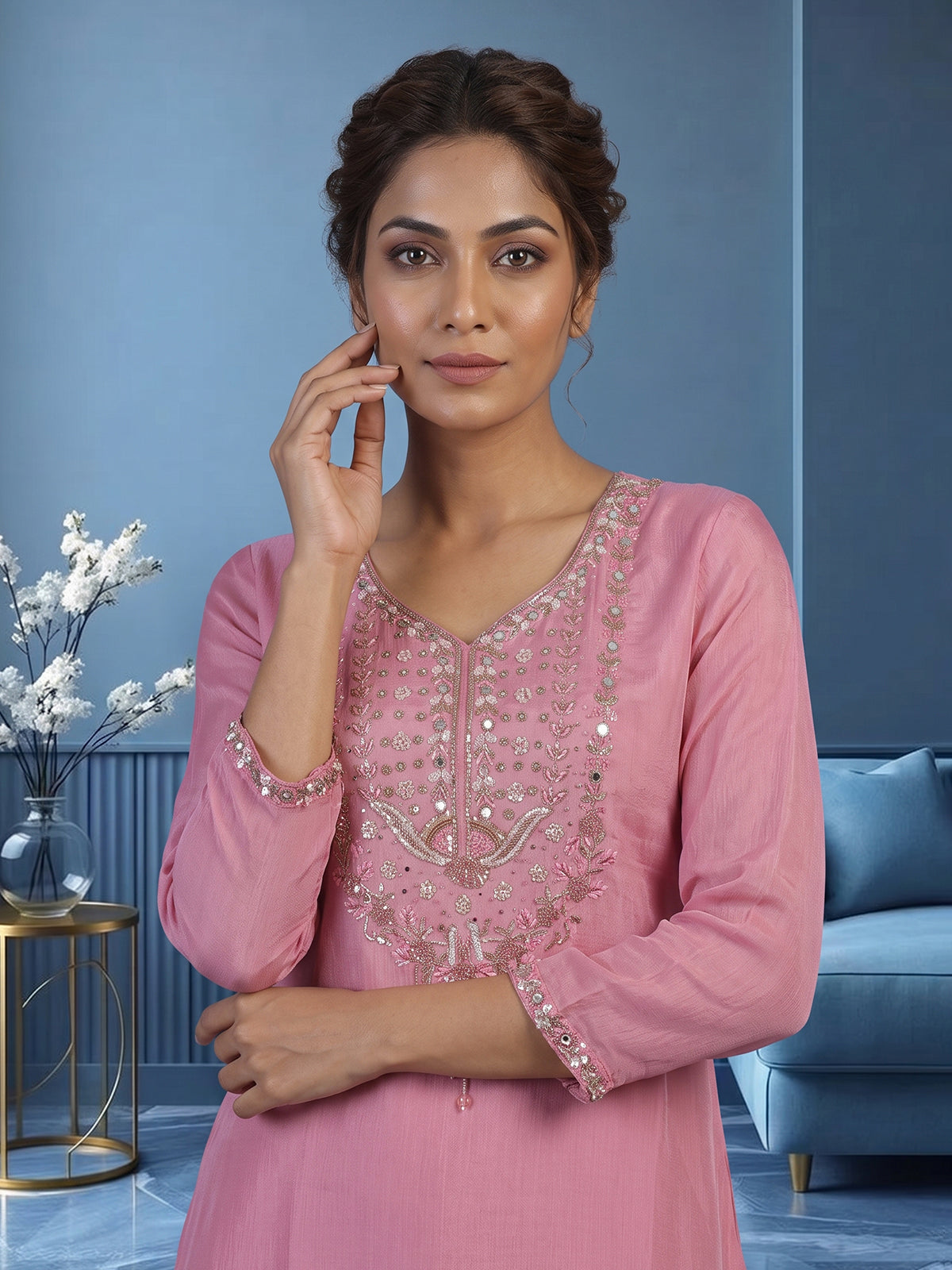 Pink organza silk embroidered pant suit with festive dupatta