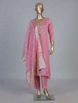 Pink organza silk embroidered pant suit with festive dupatta