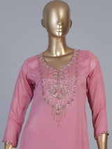 Pink organza silk embroidered pant suit with festive dupatta