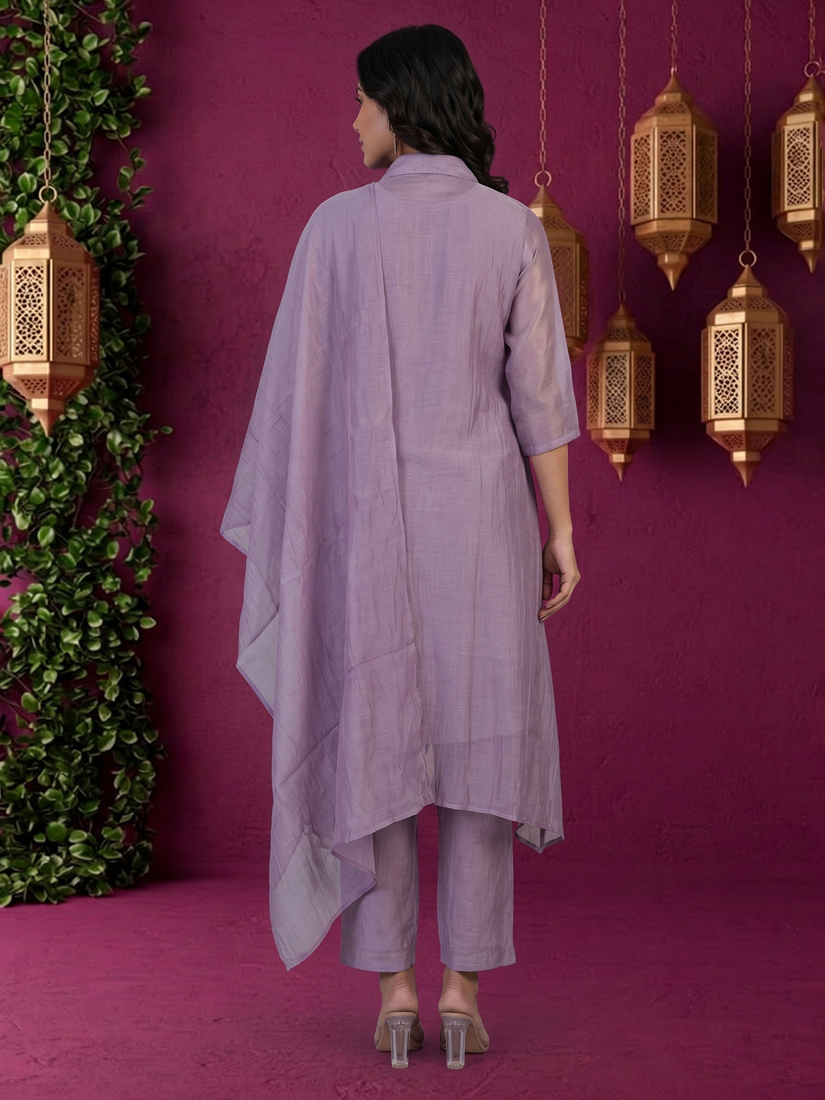 Light purple designer cotton pant suit with embroidered collar