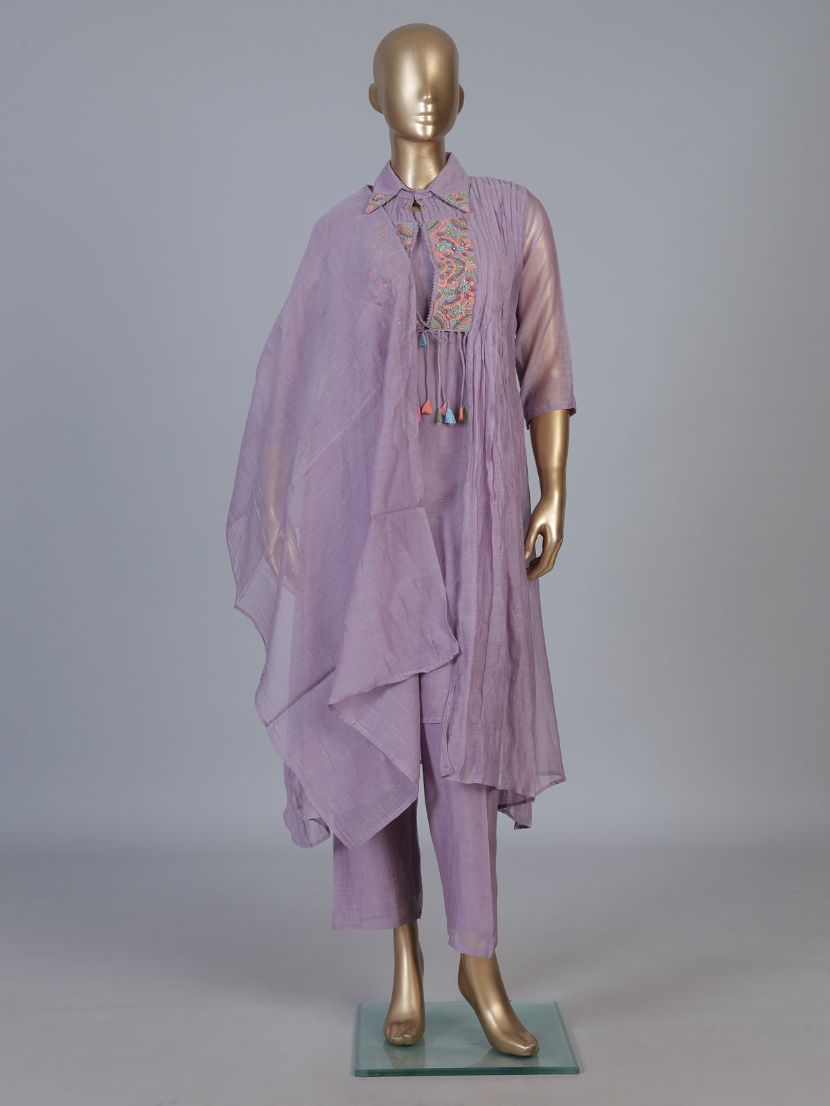 Light purple designer cotton pant suit with embroidered collar