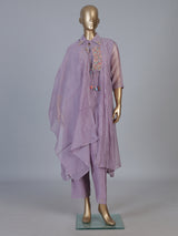 Light purple designer cotton pant suit with embroidered collar