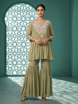Sea green georgette silk pleated sharara suit ensemble