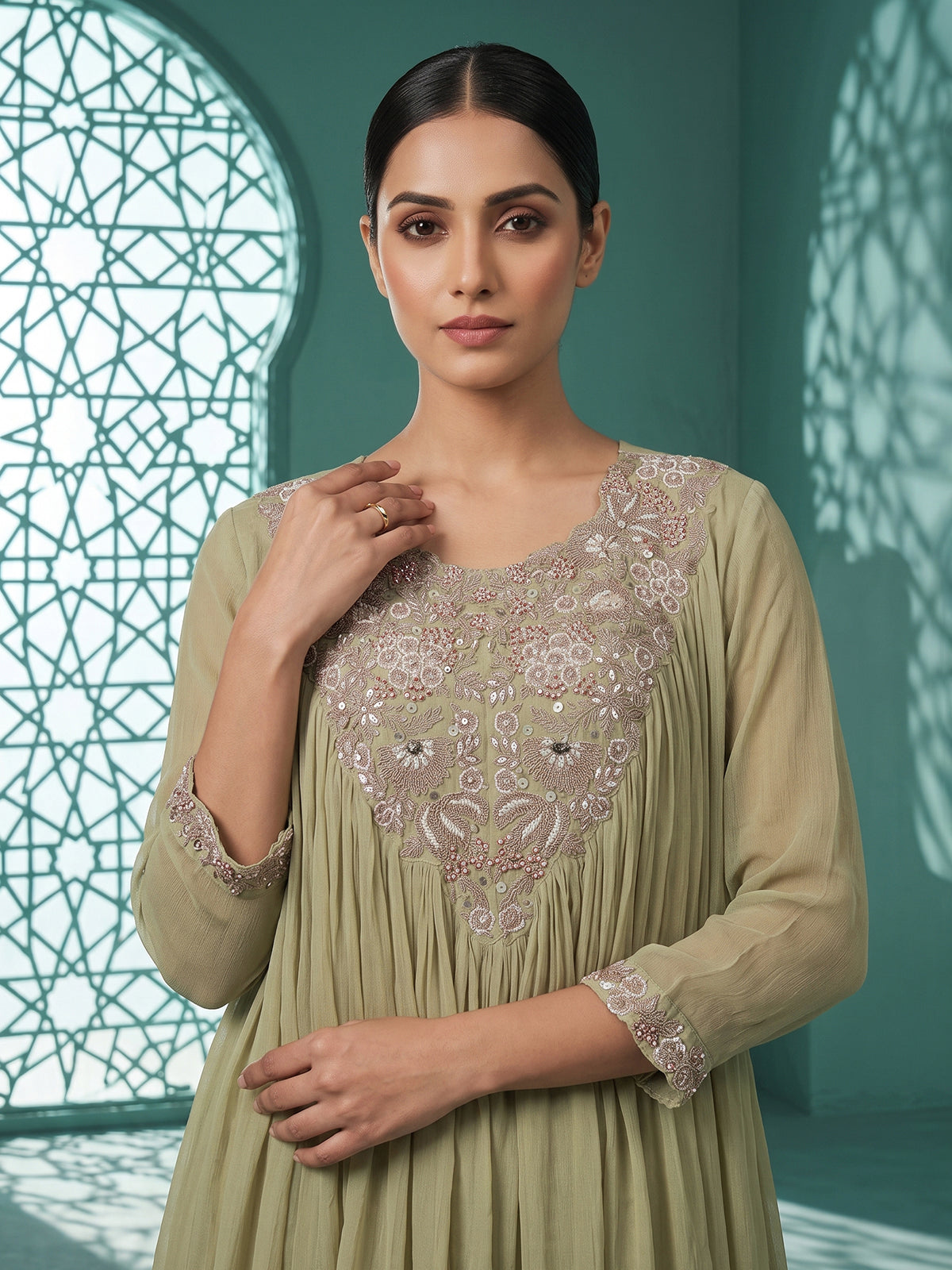 Sea green georgette silk pleated sharara suit ensemble