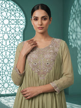 Sea green georgette silk pleated sharara suit ensemble