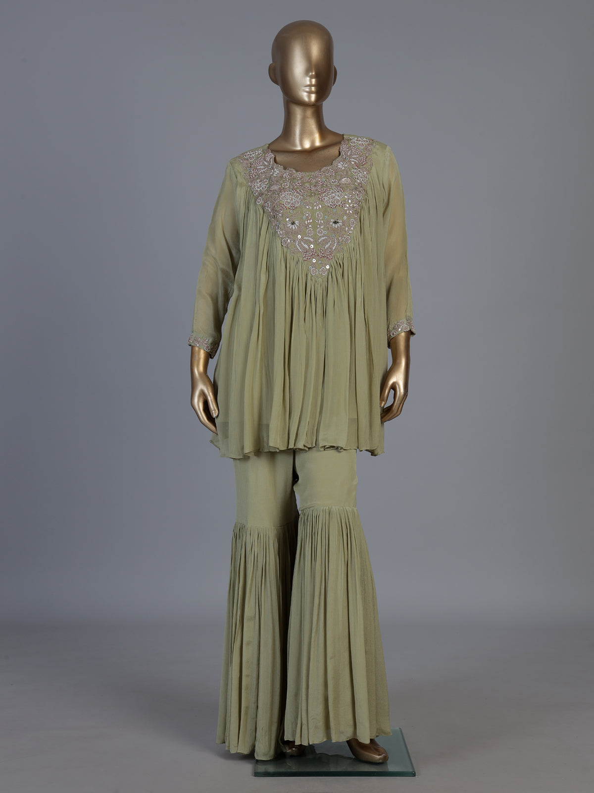 Sea green georgette silk pleated sharara suit ensemble