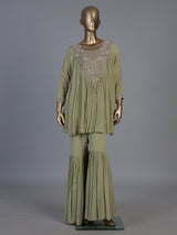 Sea green georgette silk pleated sharara suit ensemble